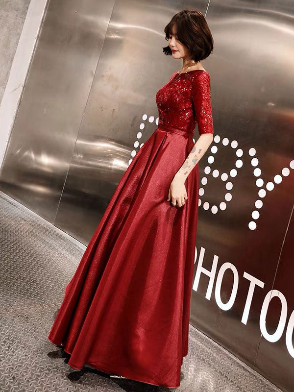 Evening Dresses Burgundy Half Sleeve Sequin Satin Floor Length Long Prom Gown