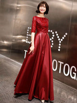 Stunning Evening Dresses Burgundy Half Sleeve Sequin Satin Floor Length Long Prom Gown-Ballbella