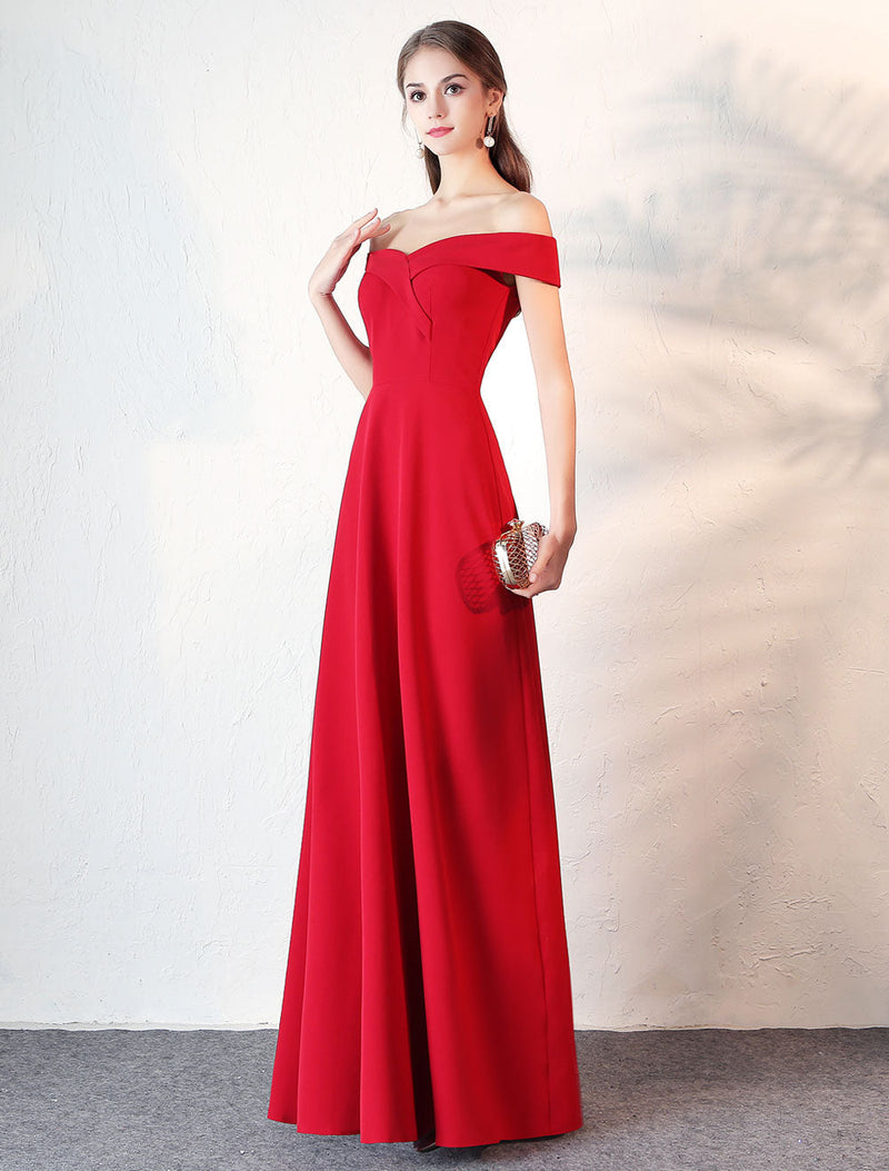 Stunning Evening Dresses Burgundy Off The Shoulder evening dress Satin Floor Length Formal Party Dress wedding guest dress-Ballbella