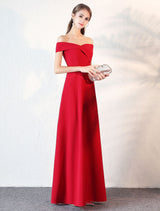 Stunning Evening Dresses Burgundy Off The Shoulder evening dress Satin Floor Length Formal Party Dress wedding guest dress-Ballbella