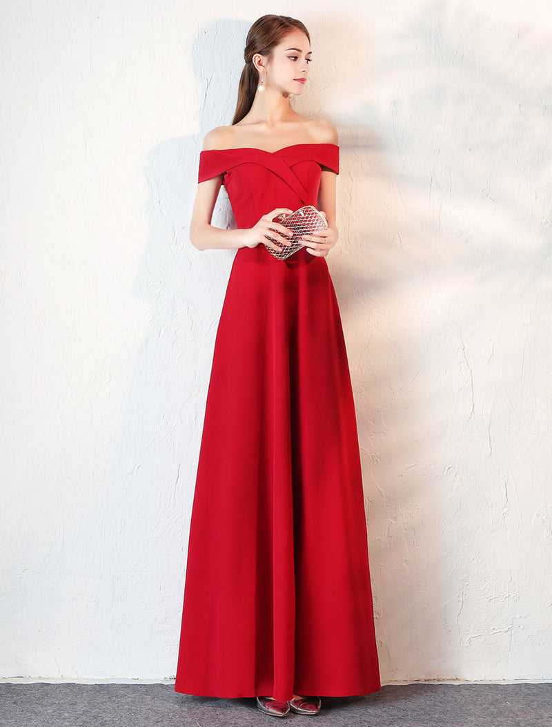 Stunning Evening Dresses Burgundy Off The Shoulder evening dress Satin Floor Length Formal Party Dress wedding guest dress-Ballbella
