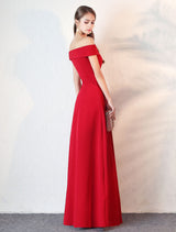 Stunning Evening Dresses Burgundy Off The Shoulder evening dress Satin Floor Length Formal Party Dress wedding guest dress-Ballbella