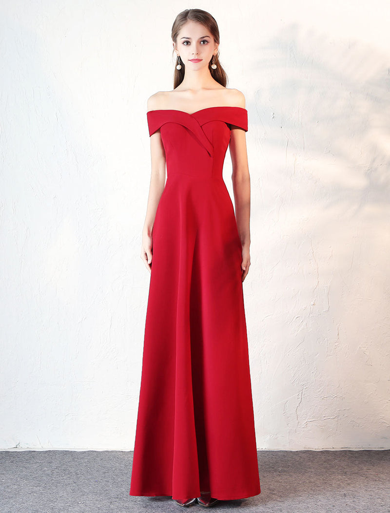 Stunning Evening Dresses Burgundy Off The Shoulder evening dress Satin Floor Length Formal Party Dress wedding guest dress-Ballbella