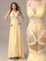 Stunning Evening Dresses Long Chiffon Daffodil Applique Beaded Evening Gown Back Design Sleeveless Formal Party Dresses With Train-Ballbella