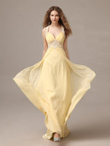 Stunning Evening Dresses Long Chiffon Daffodil Applique Beaded Evening Gown Back Design Sleeveless Formal Party Dresses With Train-Ballbella