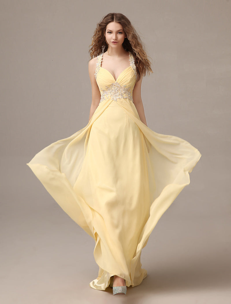 Stunning Evening Dresses Long Chiffon Daffodil Applique Beaded Evening Gown Back Design Sleeveless Formal Party Dresses With Train-Ballbella