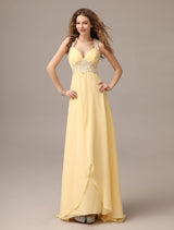 Stunning Evening Dresses Long Chiffon Daffodil Applique Beaded Evening Gown Back Design Sleeveless Formal Party Dresses With Train-Ballbella