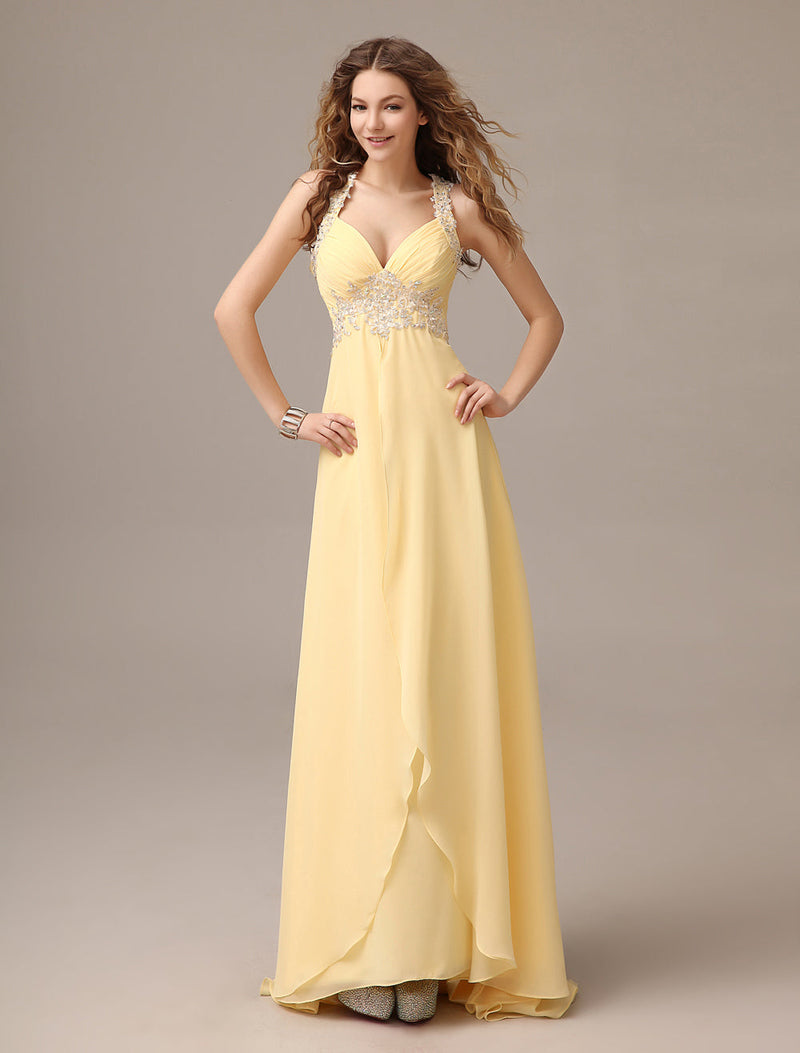 Stunning Evening Dresses Long Chiffon Daffodil Applique Beaded Evening Gown Back Design Sleeveless Formal Party Dresses With Train-Ballbella