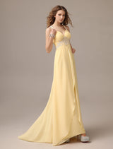 Stunning Evening Dresses Long Chiffon Daffodil Applique Beaded Evening Gown Back Design Sleeveless Formal Party Dresses With Train-Ballbella