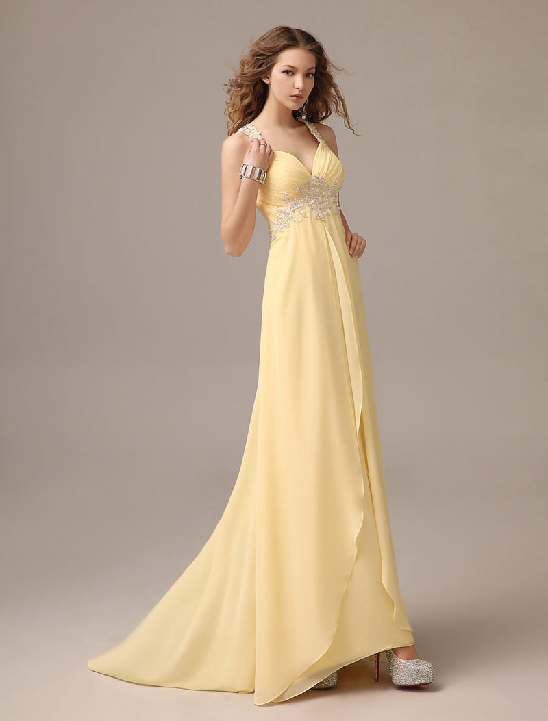 Stunning Evening Dresses Long Chiffon Daffodil Applique Beaded Evening Gown Back Design Sleeveless Formal Party Dresses With Train-Ballbella
