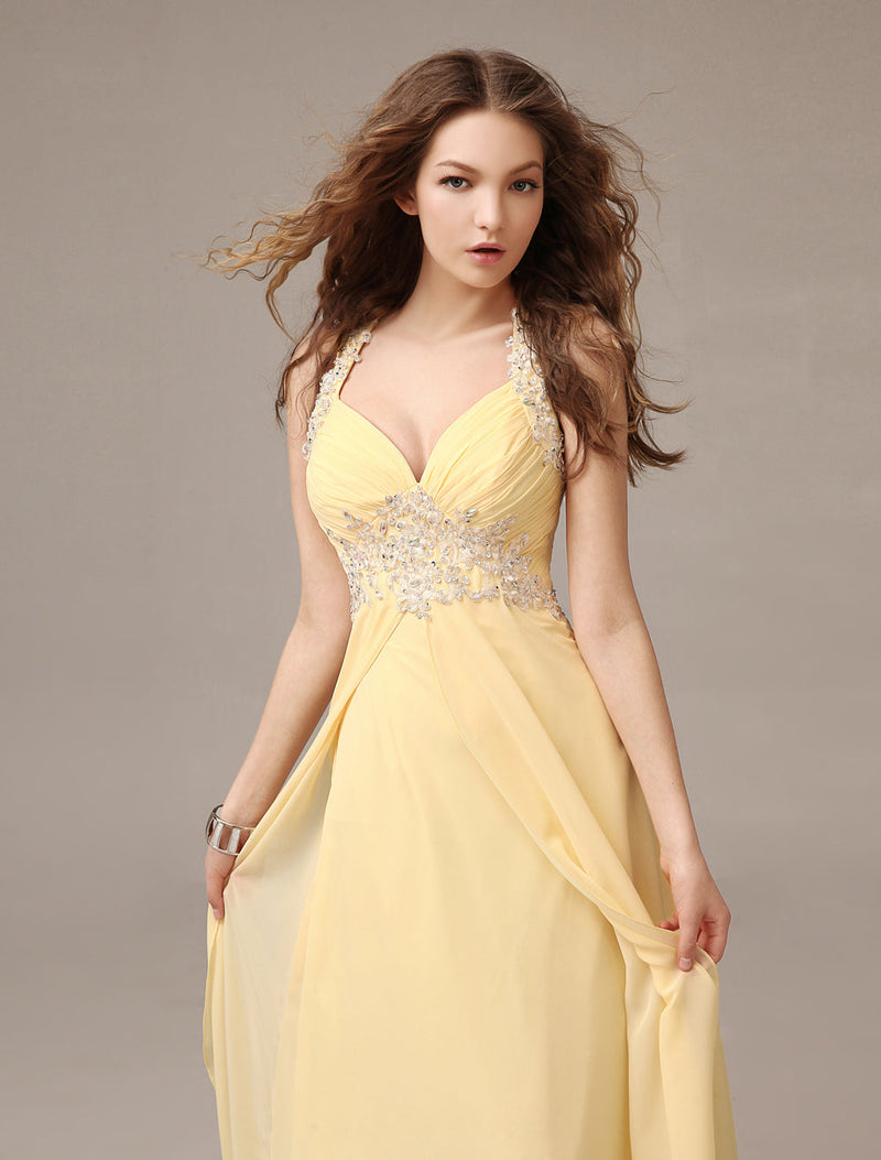 Stunning Evening Dresses Long Chiffon Daffodil Applique Beaded Evening Gown Back Design Sleeveless Formal Party Dresses With Train-Ballbella