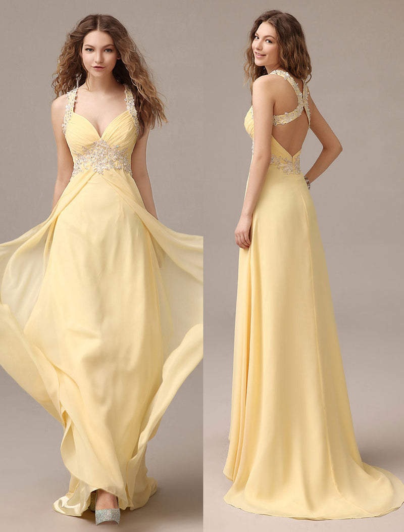 Stunning Evening Dresses Long Chiffon Daffodil Applique Beaded Evening Gown Back Design Sleeveless Formal Party Dresses With Train-Ballbella