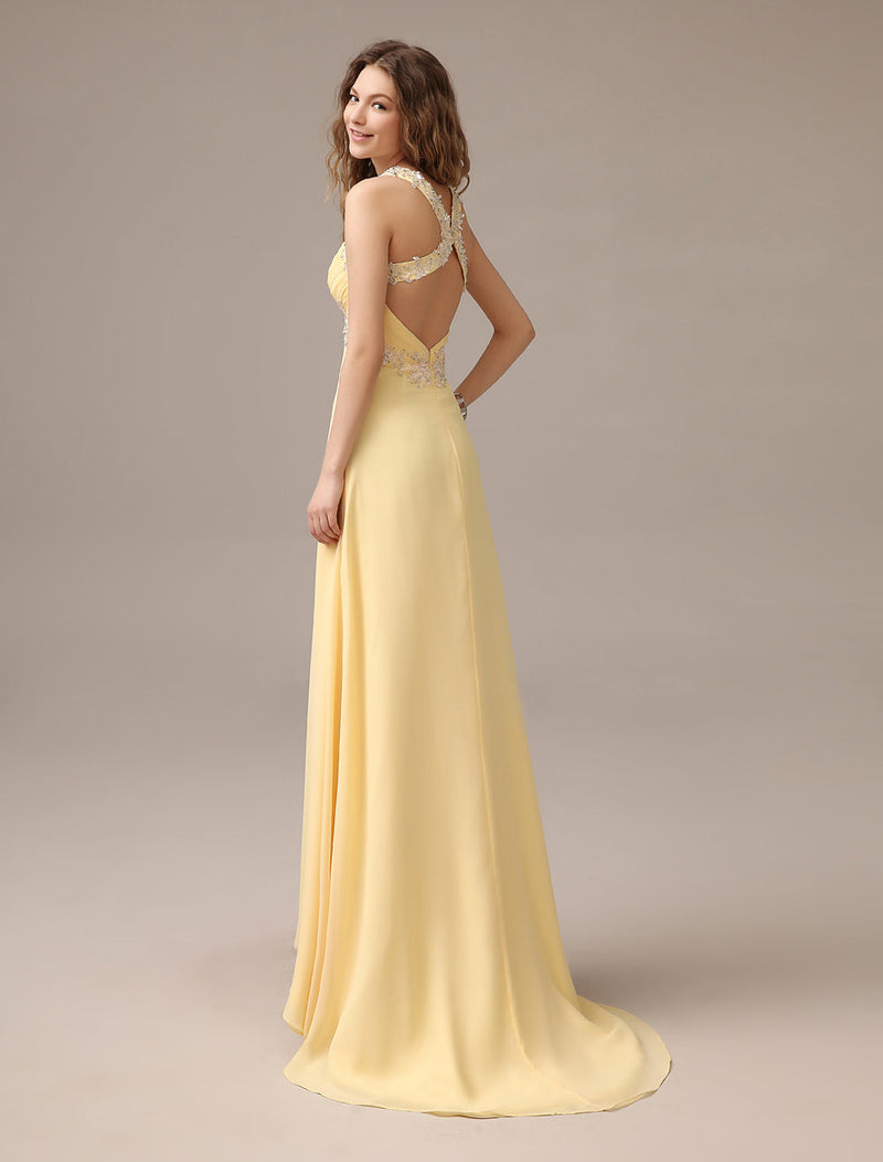 Evening Dresses Long Chiffon Daffodil Applique Beaded Evening Gown Back Design Sleeveless Formal Party Dresses With Train