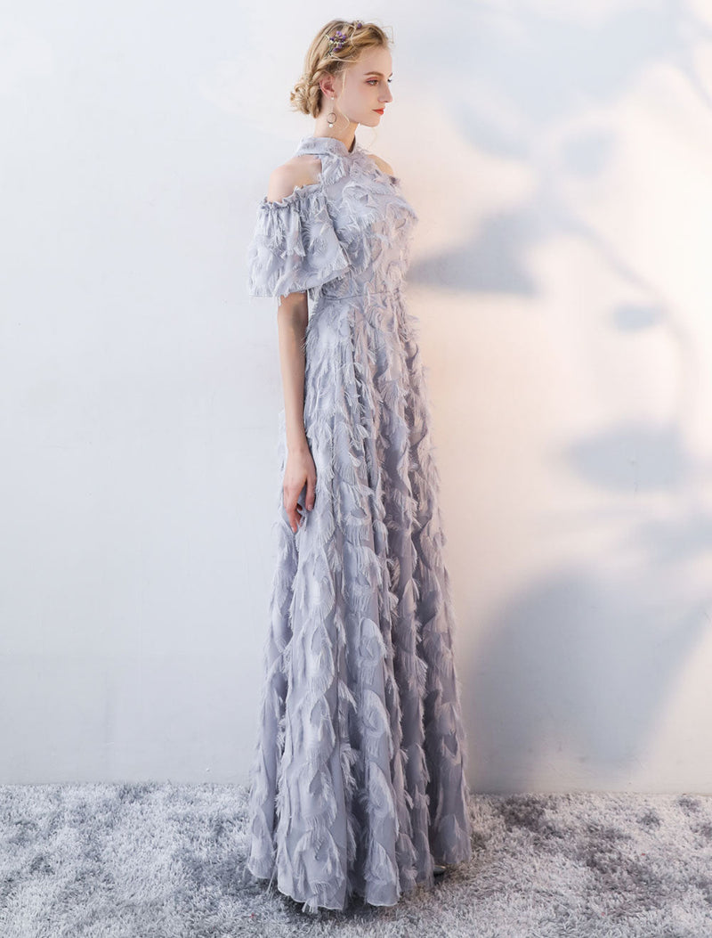 Stunning Evening Dresses Long Light Grey Cold Shoulder Evening Dress Lace Stand Collar Floor Length Formal Dress Stunning Evening Dresses Long Light Grey Cold Shoulder Evening Dress Lace Stand Collar Floor Length Formal Dress