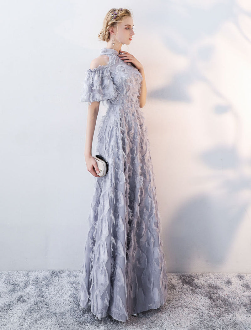 Evening Dresses Long Light Grey Cold Shoulder Evening Dress Lace Stand Collar Floor Length Formal Dress