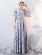 Evening Dresses Long Light Grey Cold Shoulder Evening Dress Lace Stand Collar Floor Length Formal Dress