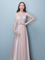 Evening Dresses Long Soft Pink Satin Evening Dress Halter Beading Pleated Floor Length Formal Party Dress