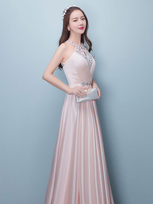 Evening Dresses Long Soft Pink Satin Evening Dress Halter Beading Pleated Floor Length Formal Party Dress