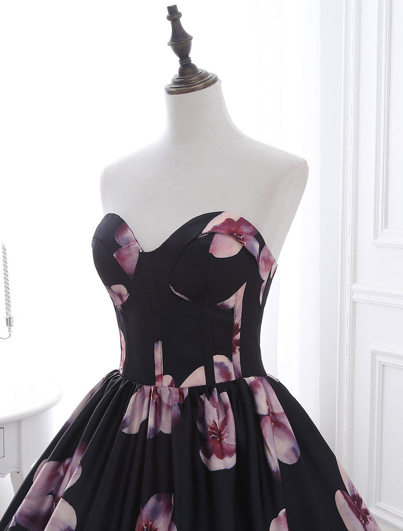 Stunning Floral Pageant Dress Black Sweatheart Strapless Long evening dress Boned Printed Chapel Train Occasion Dress-Ballbella