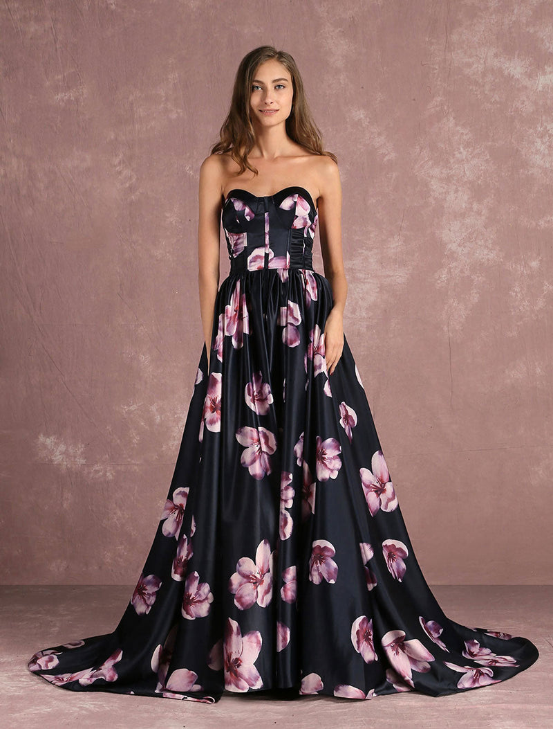 Stunning Floral Pageant Dress Black Sweatheart Strapless Long evening dress Boned Printed Chapel Train Occasion Dress-Ballbella