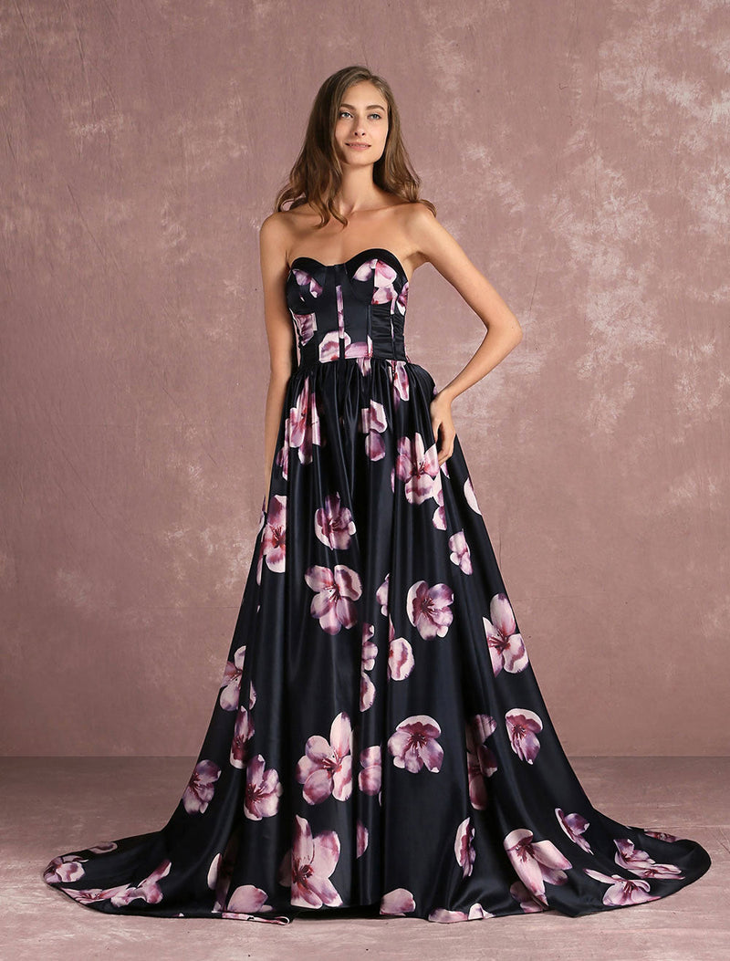 Stunning Floral Pageant Dress Black Sweatheart Strapless Long evening dress Boned Printed Chapel Train Occasion Dress-Ballbella