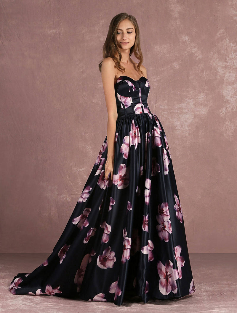 Stunning Floral Pageant Dress Black Sweatheart Strapless Long evening dress Boned Printed Chapel Train Occasion Dress-Ballbella
