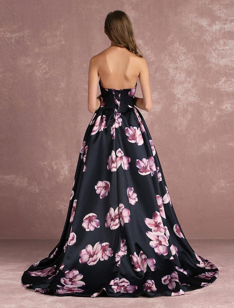 Stunning Floral Pageant Dress Black Sweatheart Strapless Long evening dress Boned Printed Chapel Train Occasion Dress-Ballbella