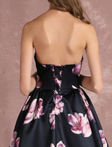 Stunning Floral Pageant Dress Black Sweatheart Strapless Long evening dress Boned Printed Chapel Train Occasion Dress-Ballbella