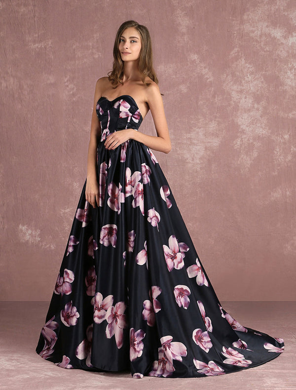 Stunning Floral Pageant Dress Black Sweatheart Strapless Long evening dress Boned Printed Chapel Train Occasion Dress-Ballbella