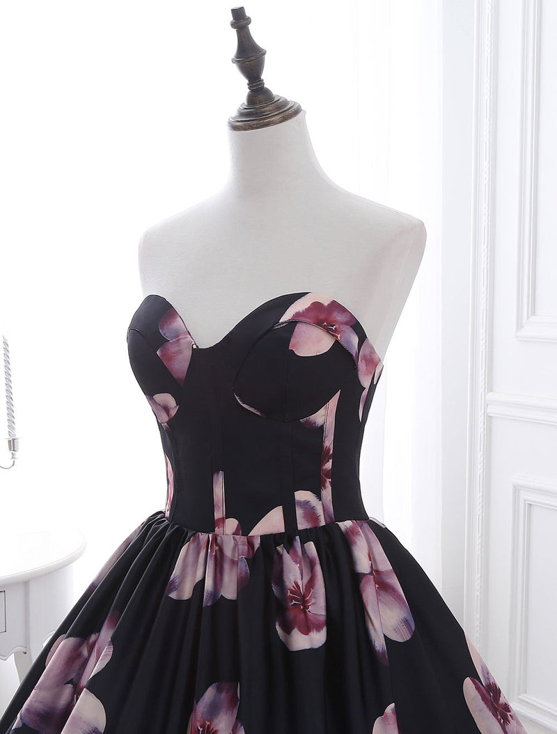Floral Pageant Dress Black Sweatheart Strapless Long evening dress Boned Printed Chapel Train Occasion Dress