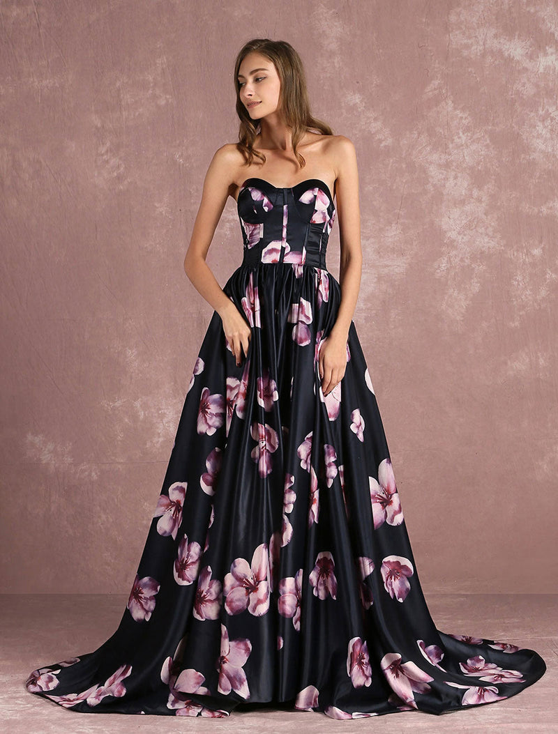 Floral Pageant Dress Black Sweatheart Strapless Long evening dress Boned Printed Chapel Train Occasion Dress