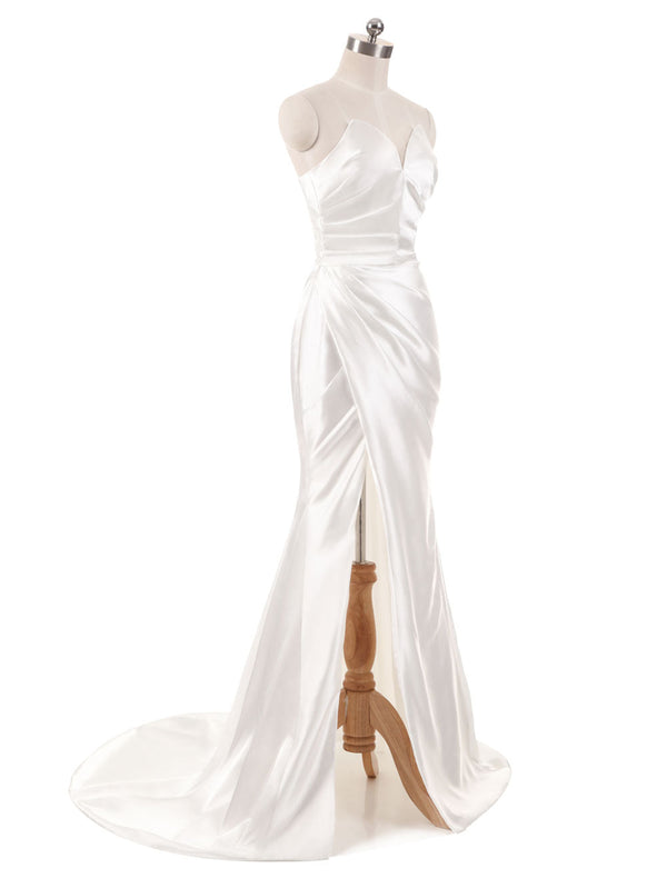 Ivory Wedding Dresses Strapless Mermaid Evening Dresses V Neck Sleeveless Split Beach Bridal Gown With Court Train