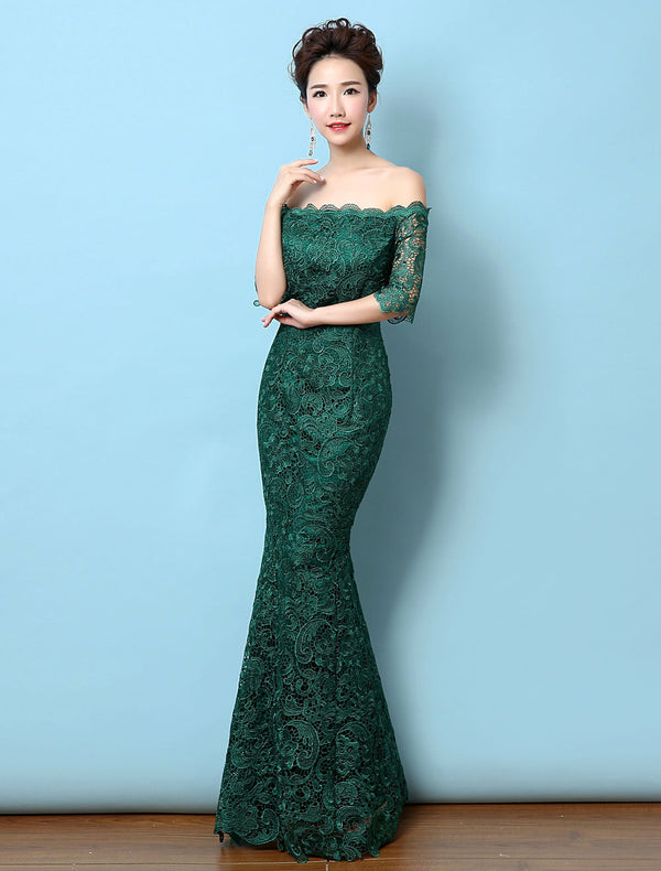 Stunning Lace Evening Dress Off The Shoulder Mermaid Party Dress Dark Green Half Sleeve Maxi Occasion Dress wedding guest dress-Ballbella