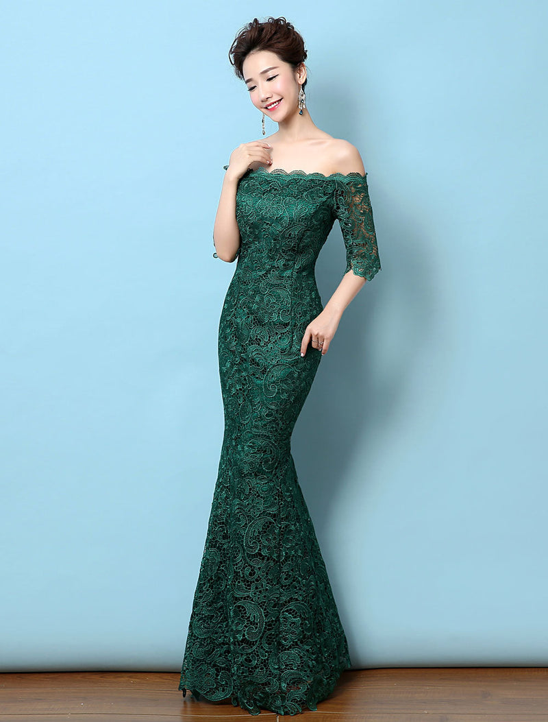 Stunning Lace Evening Dress Off The Shoulder Mermaid Party Dress Dark Green Half Sleeve Maxi Occasion Dress wedding guest dress-Ballbella