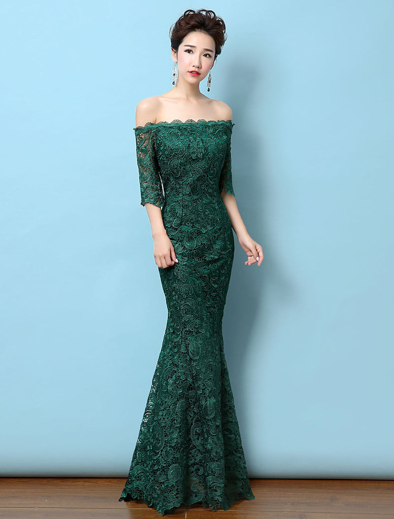 Stunning Lace Evening Dress Off The Shoulder Mermaid Party Dress Dark Green Half Sleeve Maxi Occasion Dress wedding guest dress-Ballbella