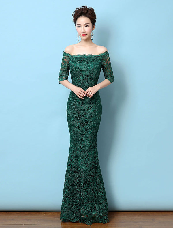 Stunning Lace Evening Dress Off The Shoulder Mermaid Party Dress Dark Green Half Sleeve Maxi Occasion Dress wedding guest dress-Ballbella