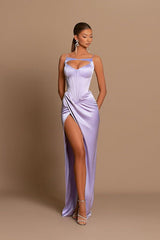 Stunning Lilac Sleeveless Prom Dress Mermaid Split Long Online-Ballbella