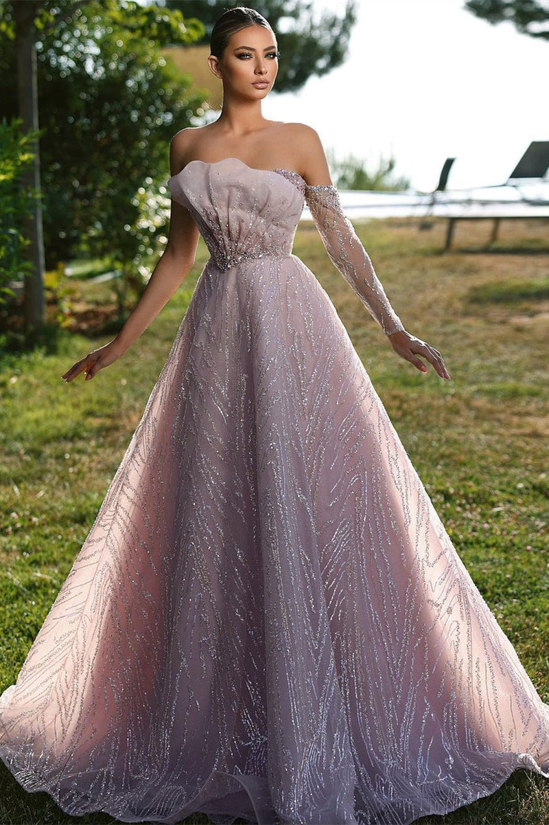 Stunning Long Sleeve Prom Dress With Ruffles Off-the-shoulder-Ballbella