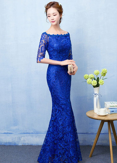 Stunning Mermaid Evening Dress Royal Blue Lace Evening Dress Off The Shoulder Half Sleeve fishtail Maxi Party Dress wedding guest Dress Stunning Mermaid Evening Dress Royal Blue Lace Evening Dress Off The Shoulder Half Sleeve fishtail Maxi Party Dress wedding guest Dress