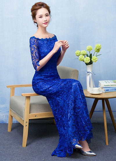 Stunning Mermaid Evening Dress Royal Blue Lace Evening Dress Off The Shoulder Half Sleeve fishtail Maxi Party Dress wedding guest Dress
