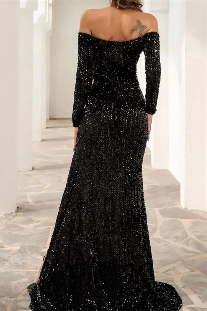 Stunning Off The Shoulder Black Prom Dress Sequined Front-Split Evening Gowns with Long Sleeves