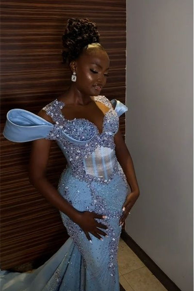 Stunning Off the shoulder Blue Mermaid Beaded Floor length Prom Dresse –  Ballbella