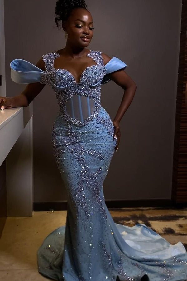Stunning Off the shoulder Blue Mermaid Beaded Floor length Prom Dresses-Ballbella