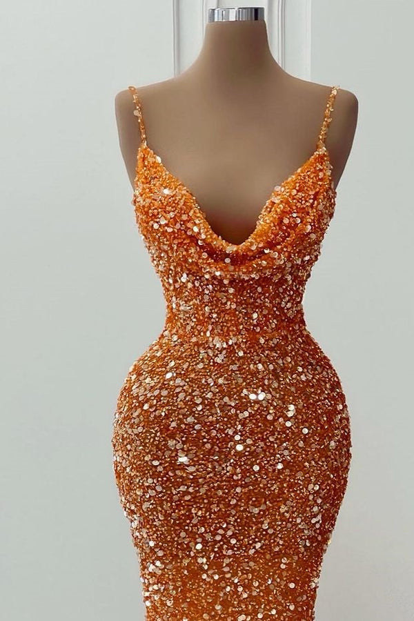 Stunning Orange Spaghetti-Straps Prom Dress Mermaid Sequins Sleeveless Ballbella Stunning Orange Spaghetti-Straps Prom Dress Mermaid Sequins Sleeveless Ballbella