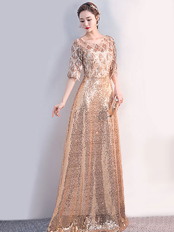 Stunning Sequin Party Dress Half Sleeves Floor Length Zipper Lace Prom Occasion Dresses-Ballbella