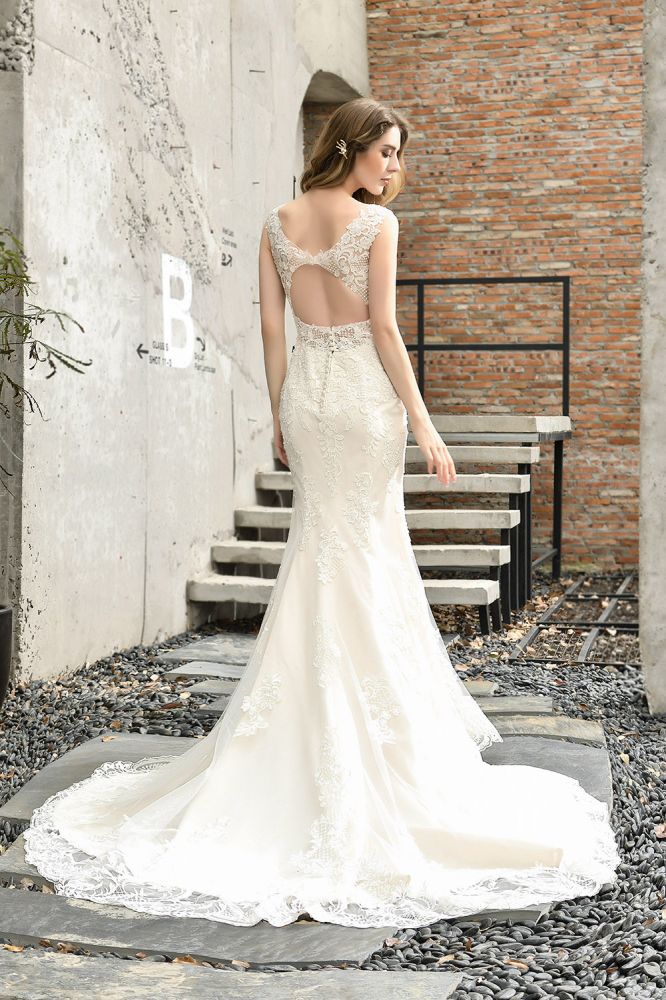 Can't decide what to wear for your big day. Ballbella has Fit-and-flare Lace Open Back Beach Wedding Dress avilable in White, Ivroy and champange. Try this simple bridal gowns for your summer wedding.