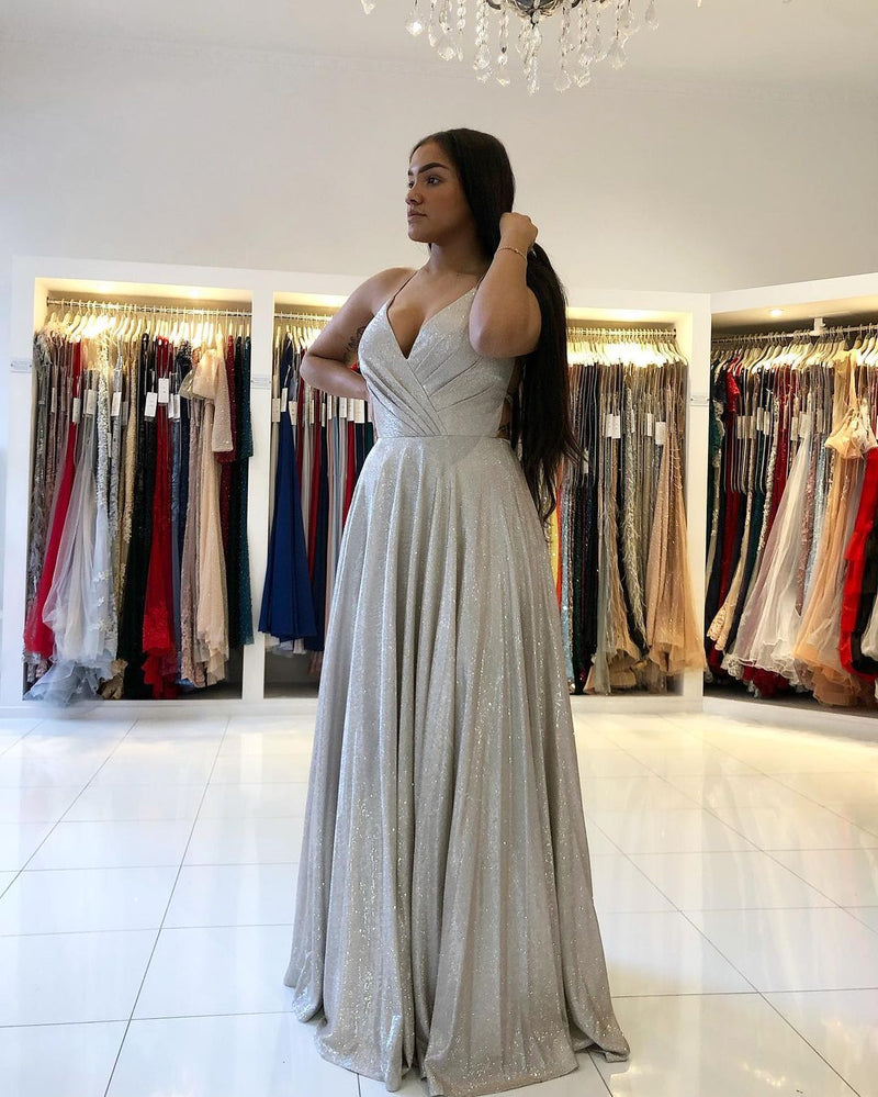 Stunning Spaghetti-Straps V-Neck Long Evening Prom Dress Online-Ballbella