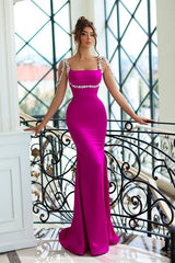 Stunning Sparkle Beaded Straps Fuchsia Column Satin Floor length Prom Dress-Ballbella