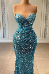 Stunning Sweetheart Blue Mermaid Prom Dress Long With Sequins Beads-Ballbella