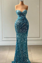 Stunning Sweetheart Blue Mermaid Prom Dress Long With Sequins Beads-Ballbella
